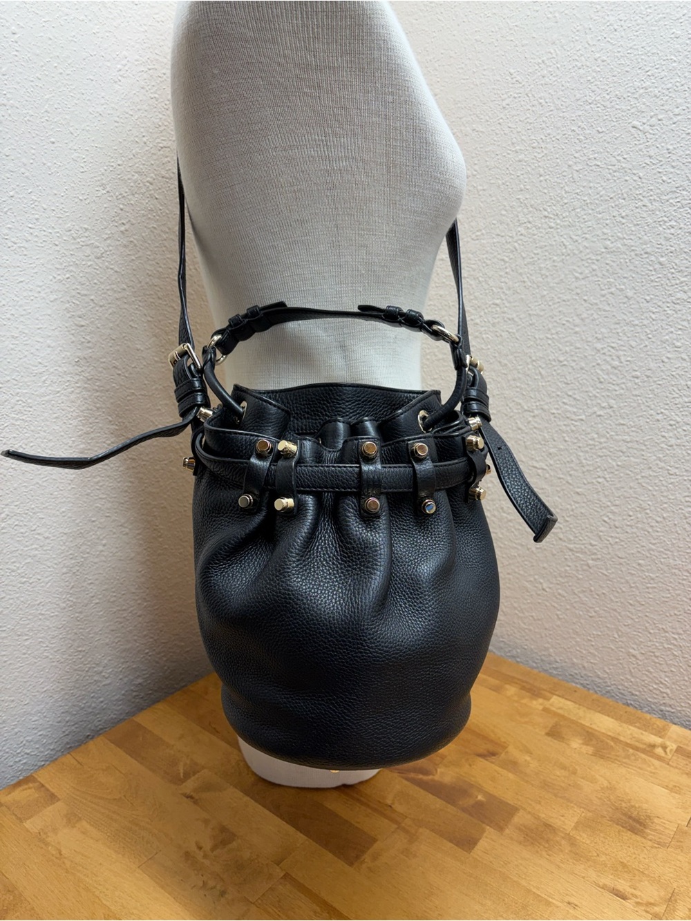 Alexander Wang Diego Black Pebbled Leather Studded Bucket Crossbody Bag - Picture 2 of 13